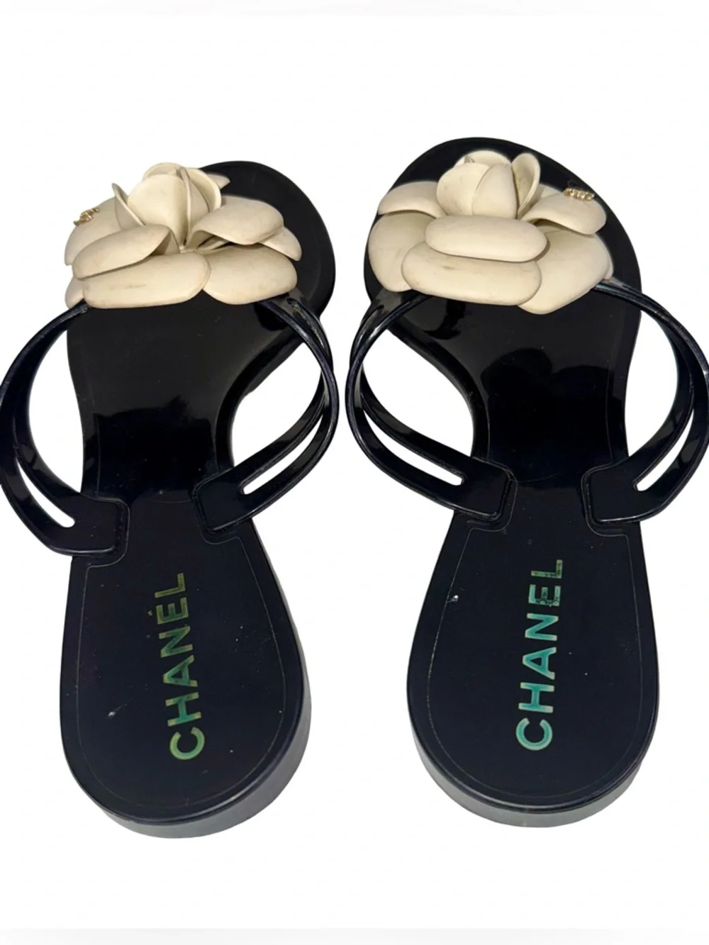 CHANEL CAMELIA JELLY  SANDALS IN BLACK AND CREAM - Picture 4 of 6
